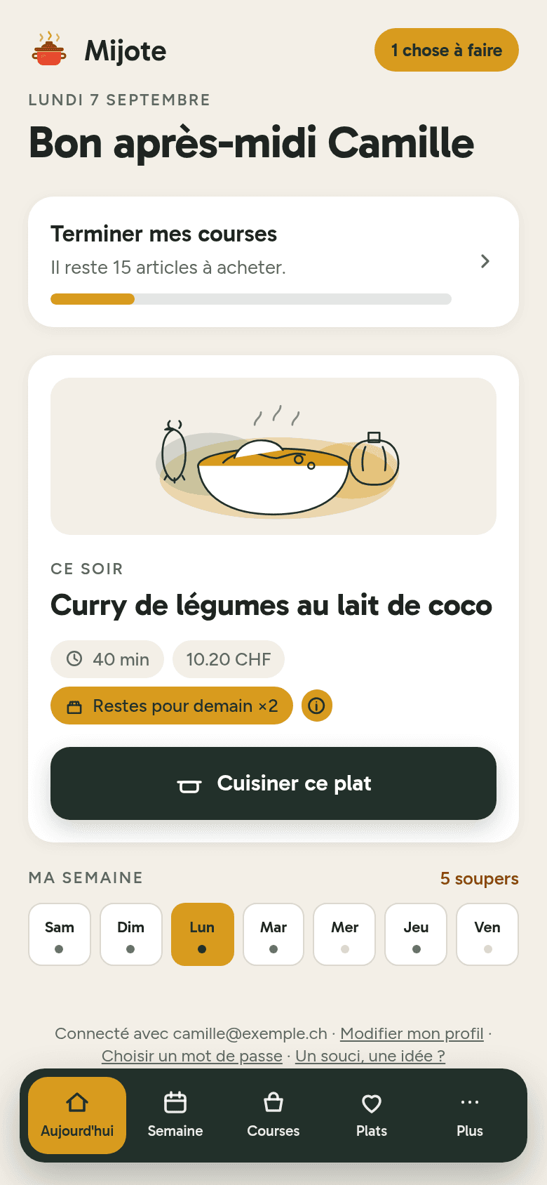L'écran Aujourd'hui de Mijote : ce qu'il reste à faire, le plat du soir, la semaine